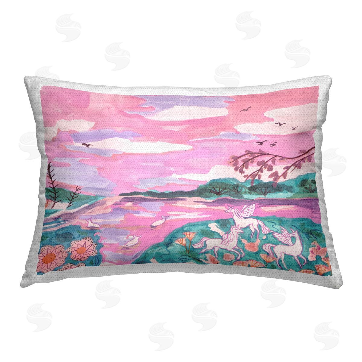 Melissa Wang Pink Whimsical Unicorns Outdoor Quick-Dry Polyester Printed Throw Pillow