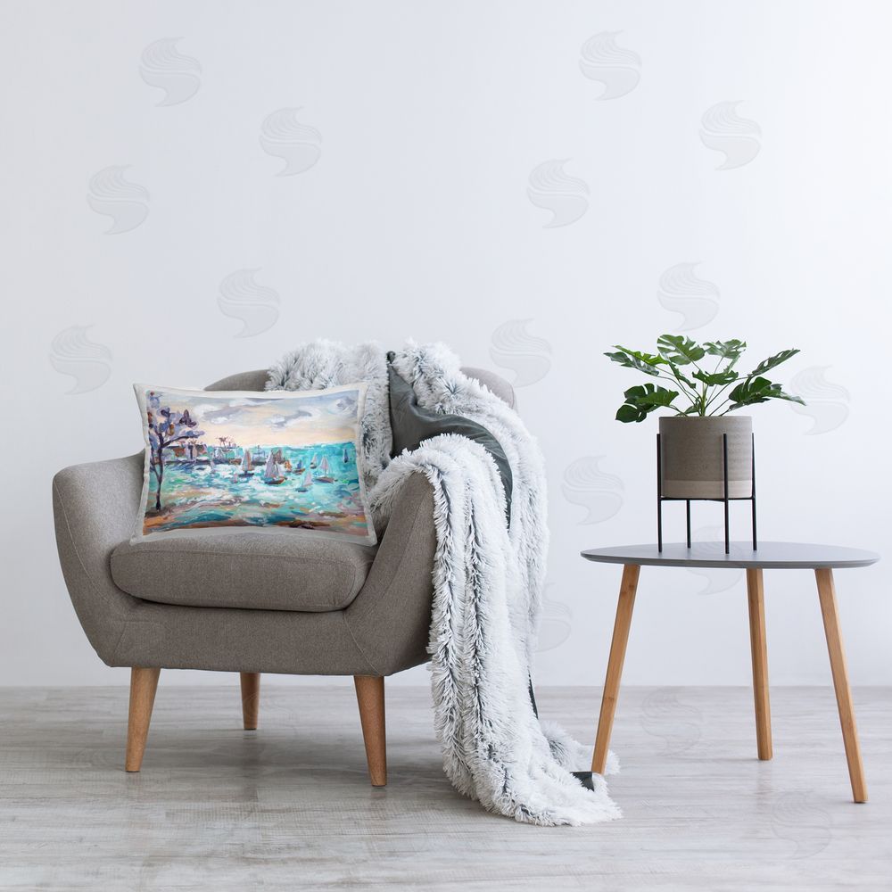 Melissa Wang Sailboat Fleet by Shore Printed Plush Polyester Throw Pillow On Chair
