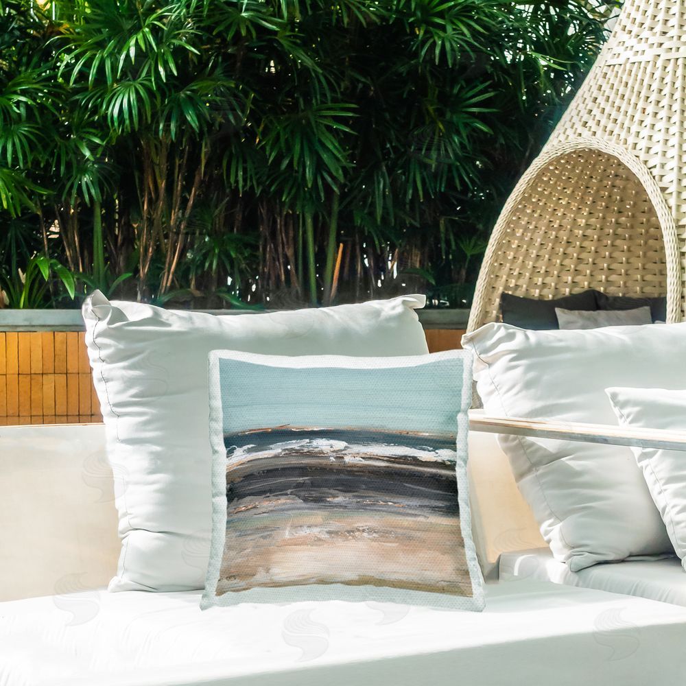 Ethan Harper Moody Grey Beach Waves Outdoor Quick-Dry Polyester Printed Throw Pillow in Back Yard