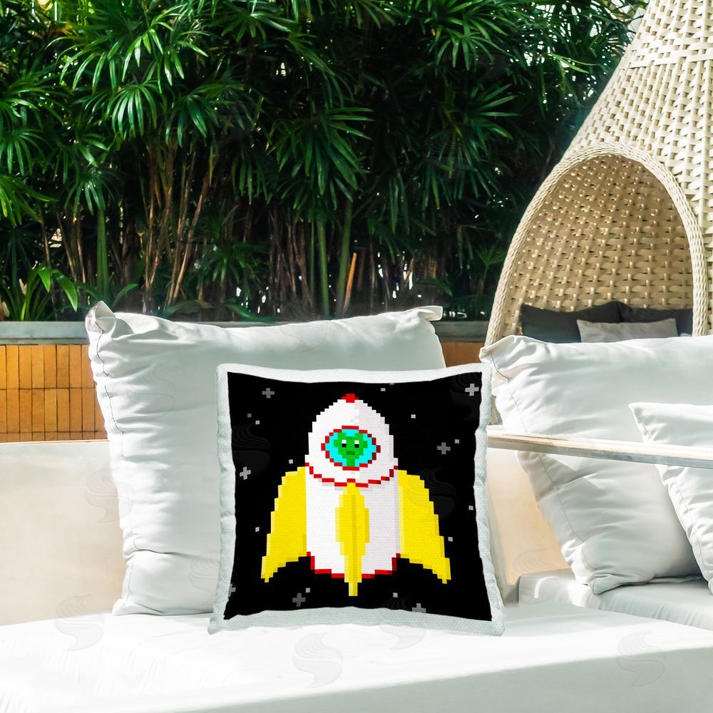 June Erica Vess Pixel Alien in Space Outdoor Quick-Dry Polyester Printed Throw Pillow in Back Yard