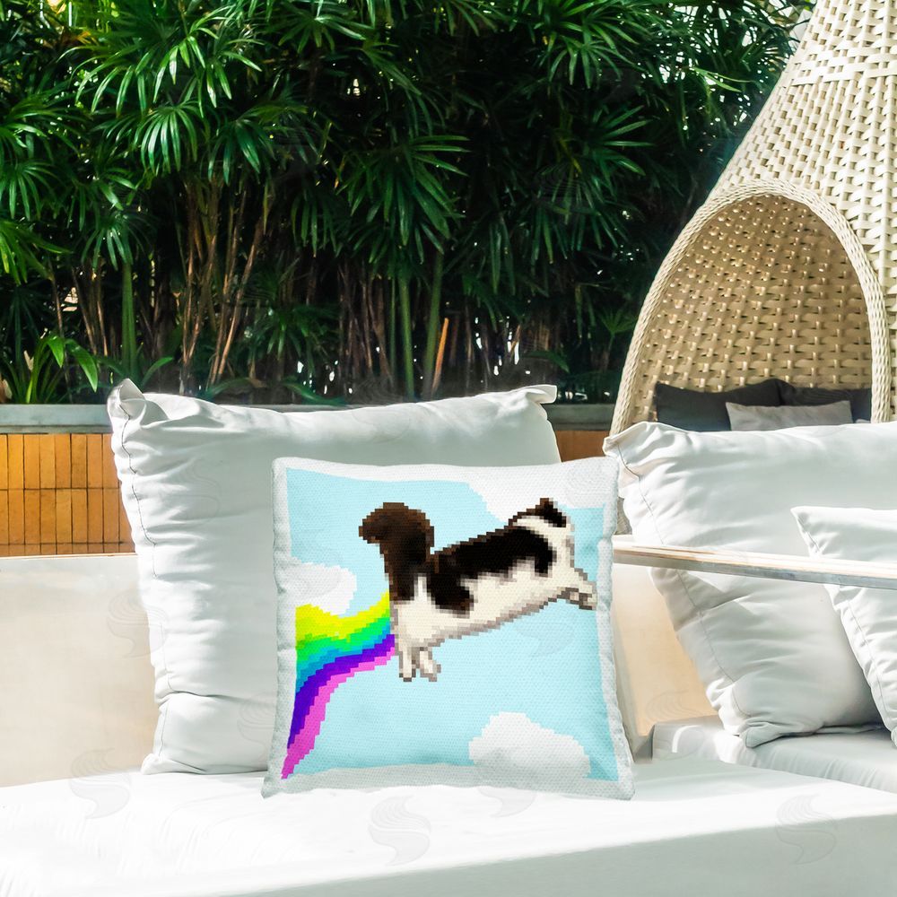June Erica Vess Whimsical Cat Flying Outdoor Quick-Dry Polyester Printed Throw Pillow in Back Yard