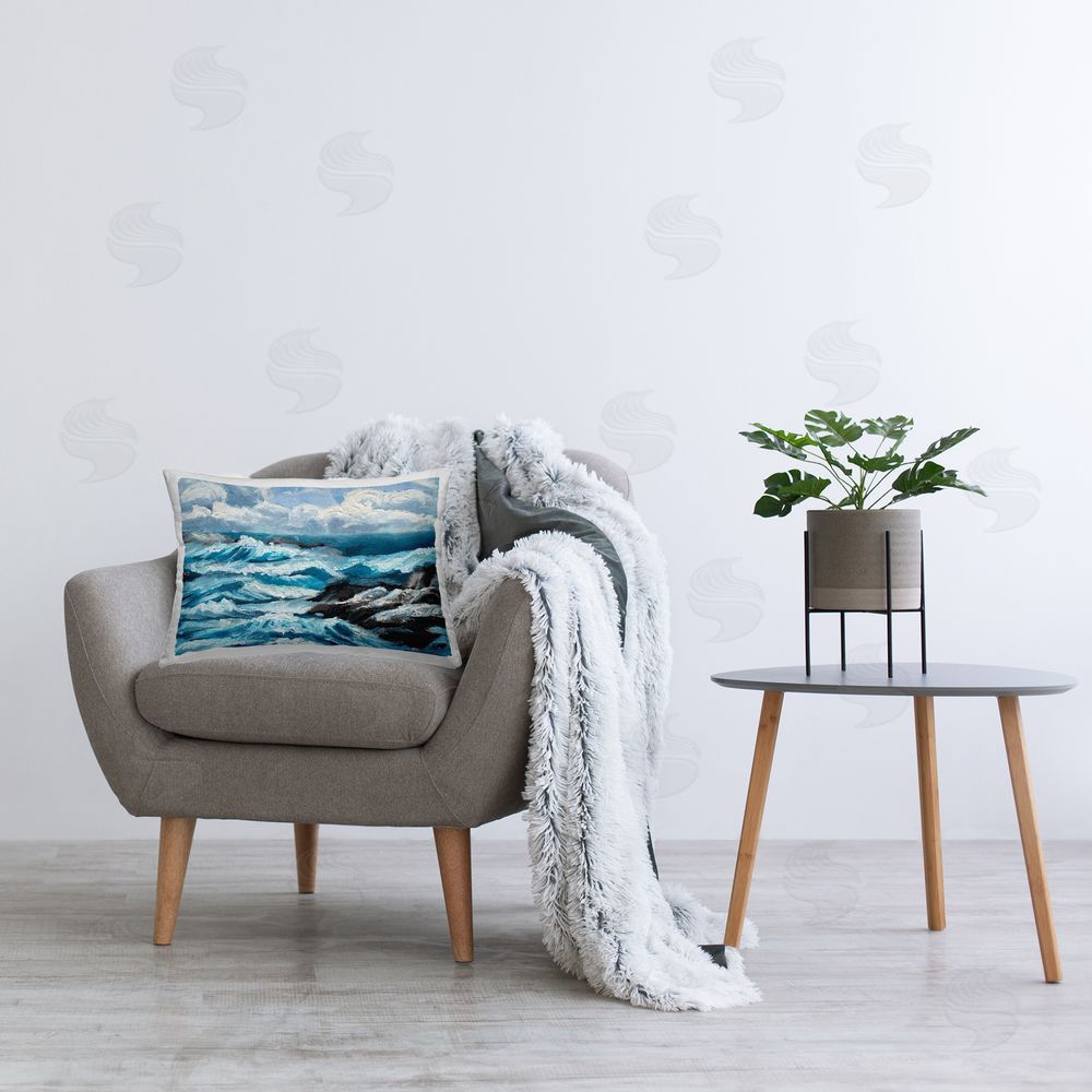 Melissa Wang Rough Sea Waves Splash Printed Plush Polyester Throw Pillow On Chair
