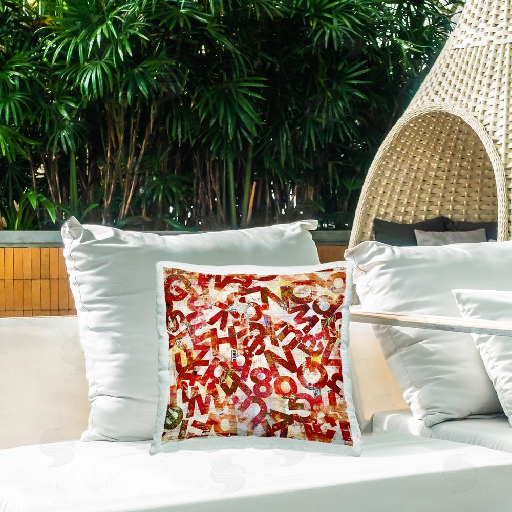 Laura Gibson Red Typography Collage Outdoor Quick-Dry Polyester Printed Throw Pillow in Back Yard