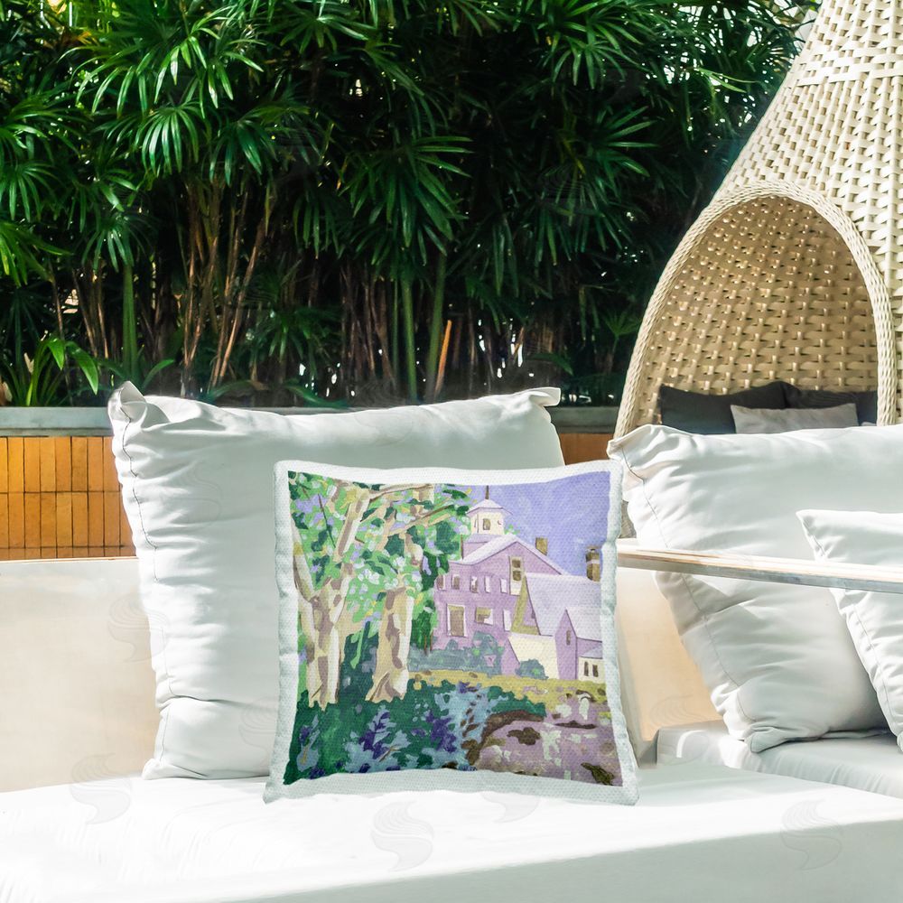 Melissa Wang Town Church Through Trees Outdoor Quick-Dry Polyester Printed Throw Pillow in Back Yard