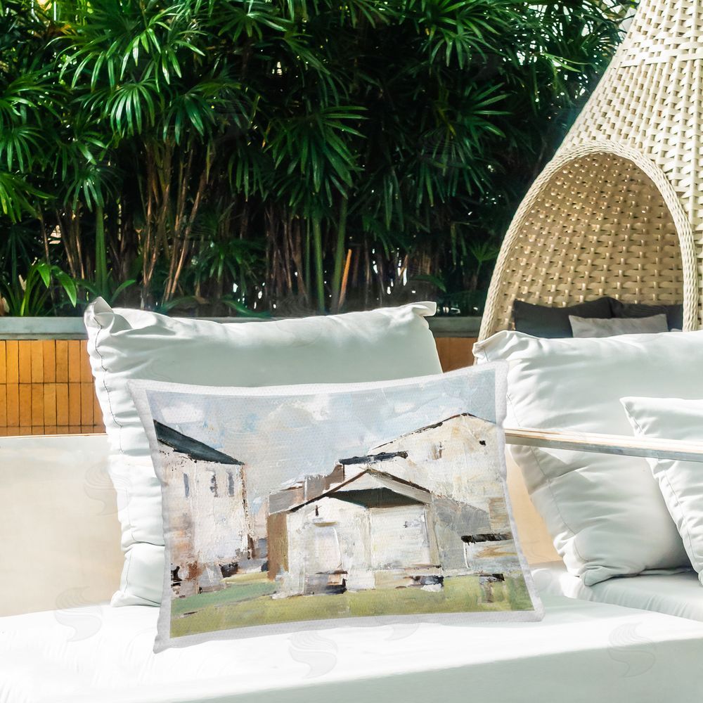 Ethan Harper Brushed Farm Houses Outdoor Quick-Dry Polyester Printed Throw Pillow in Back Yard