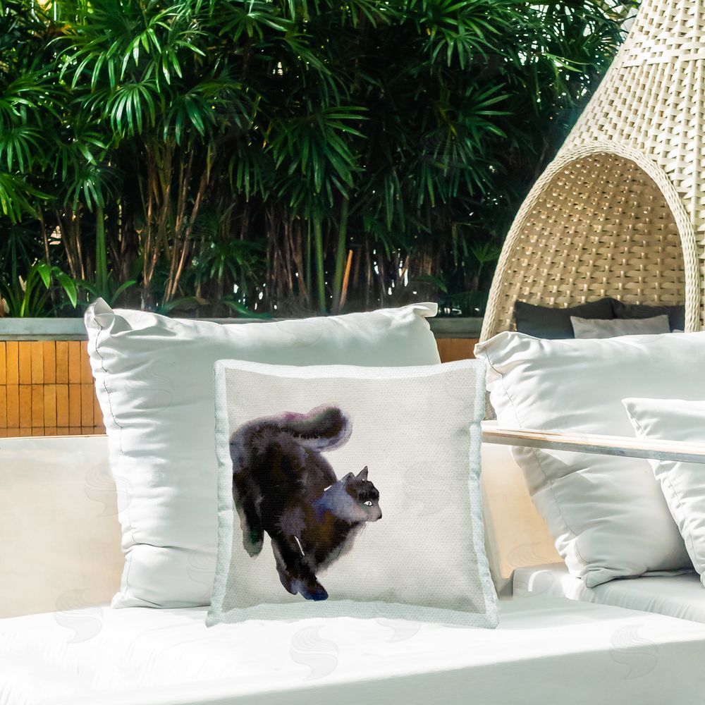 Melissa Wang Black Cat Watercolor Outdoor Quick-Dry Polyester Printed Throw Pillow in Back Yard