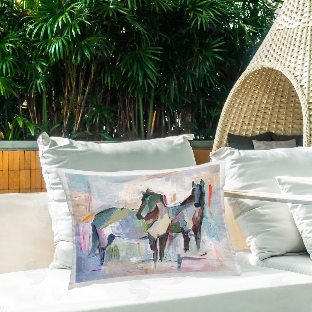 Ethan Harper Abstract Brushed Horses Outdoor Quick-Dry Polyester Printed Throw Pillow in Back Yard