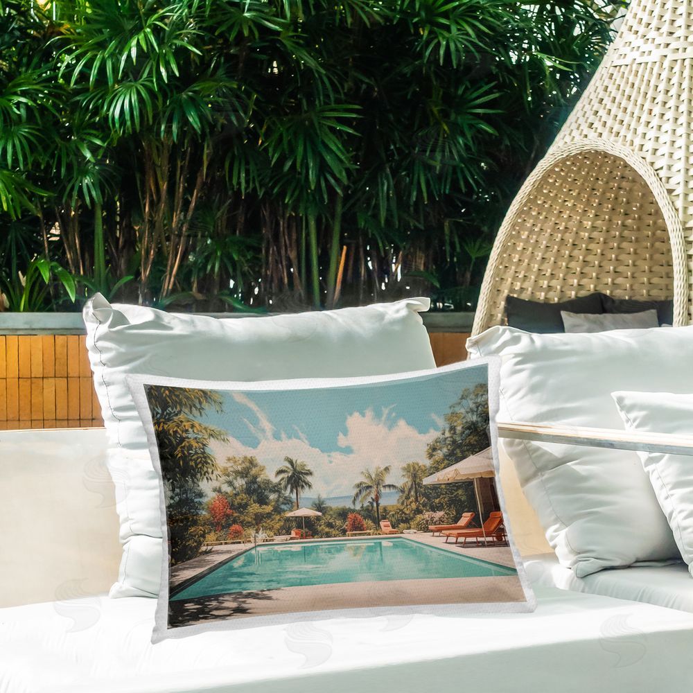 Arlington Prints Tropical Villa Swimming Pool Outdoor Quick-Dry Polyester Printed Throw Pillow in Back Yard