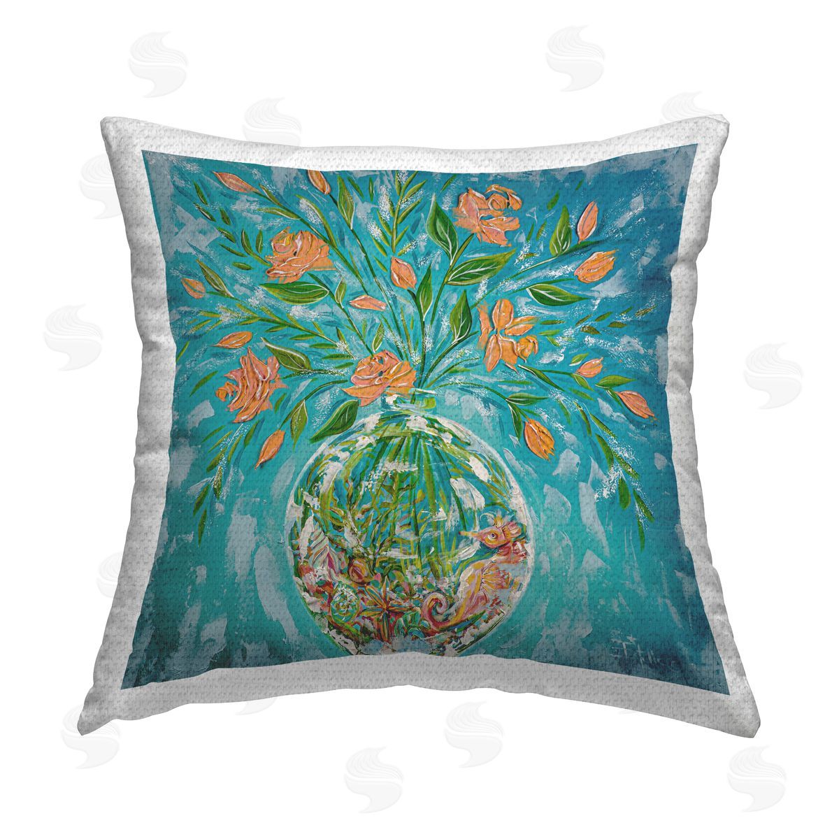 Estelle Grengs Seahorse Fish Bowl Bouquet Outdoor Quick-Dry Polyester Printed Throw Pillow