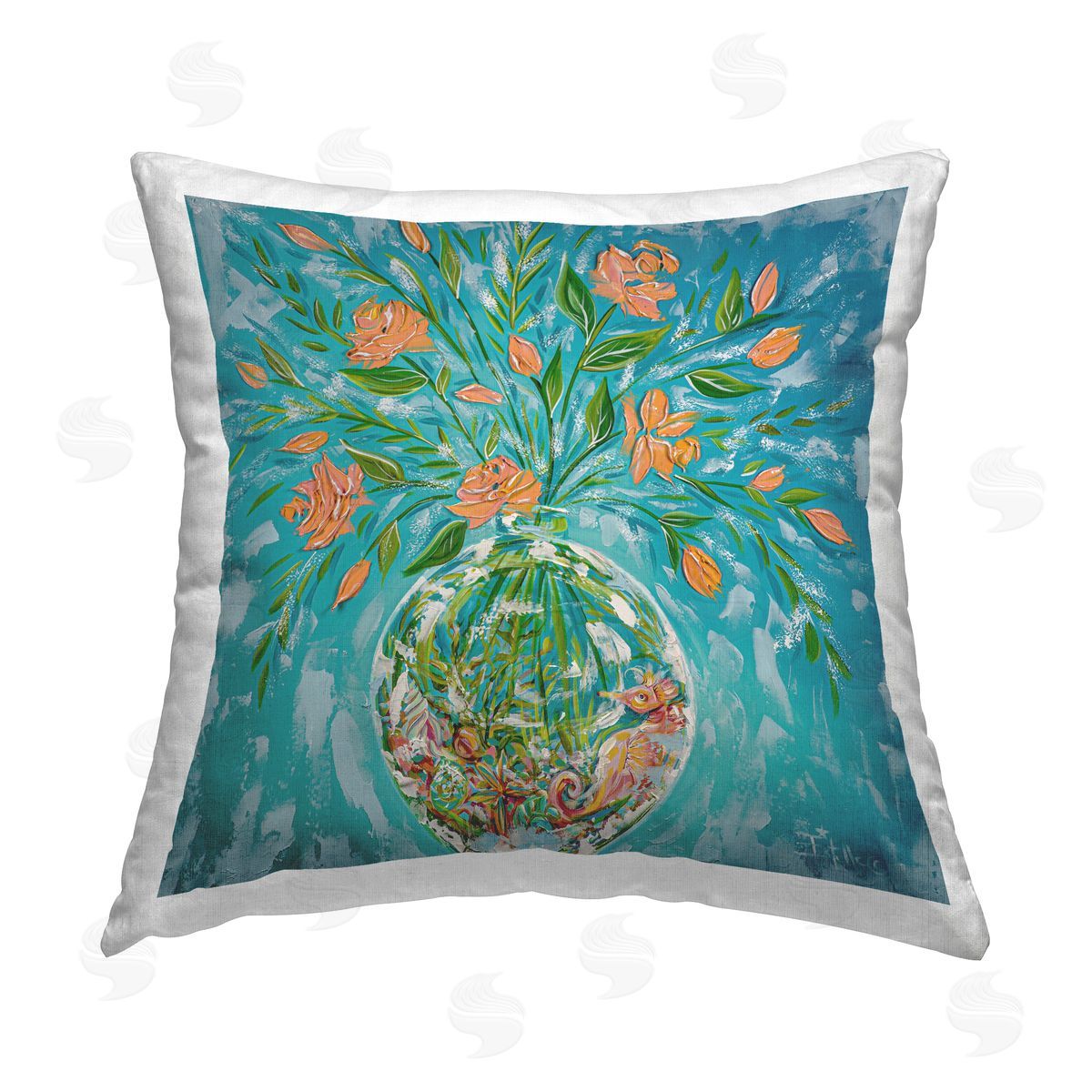 Estelle Grengs Seahorse Fish Bowl Bouquet Printed Plush Polyester Throw Pillow