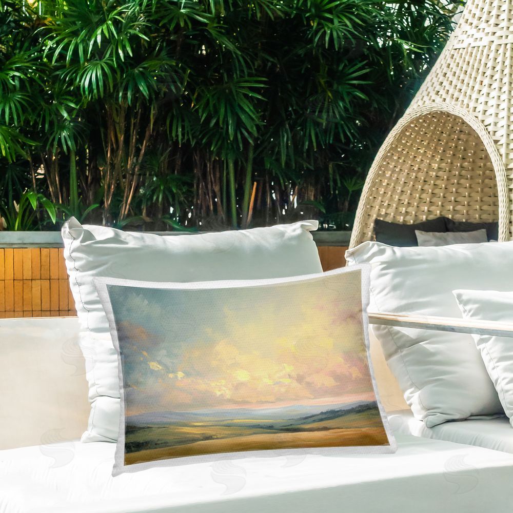 Gina Kelly Tranquil Twilight Fields Outdoor Quick-Dry Polyester Printed Throw Pillow in Back Yard