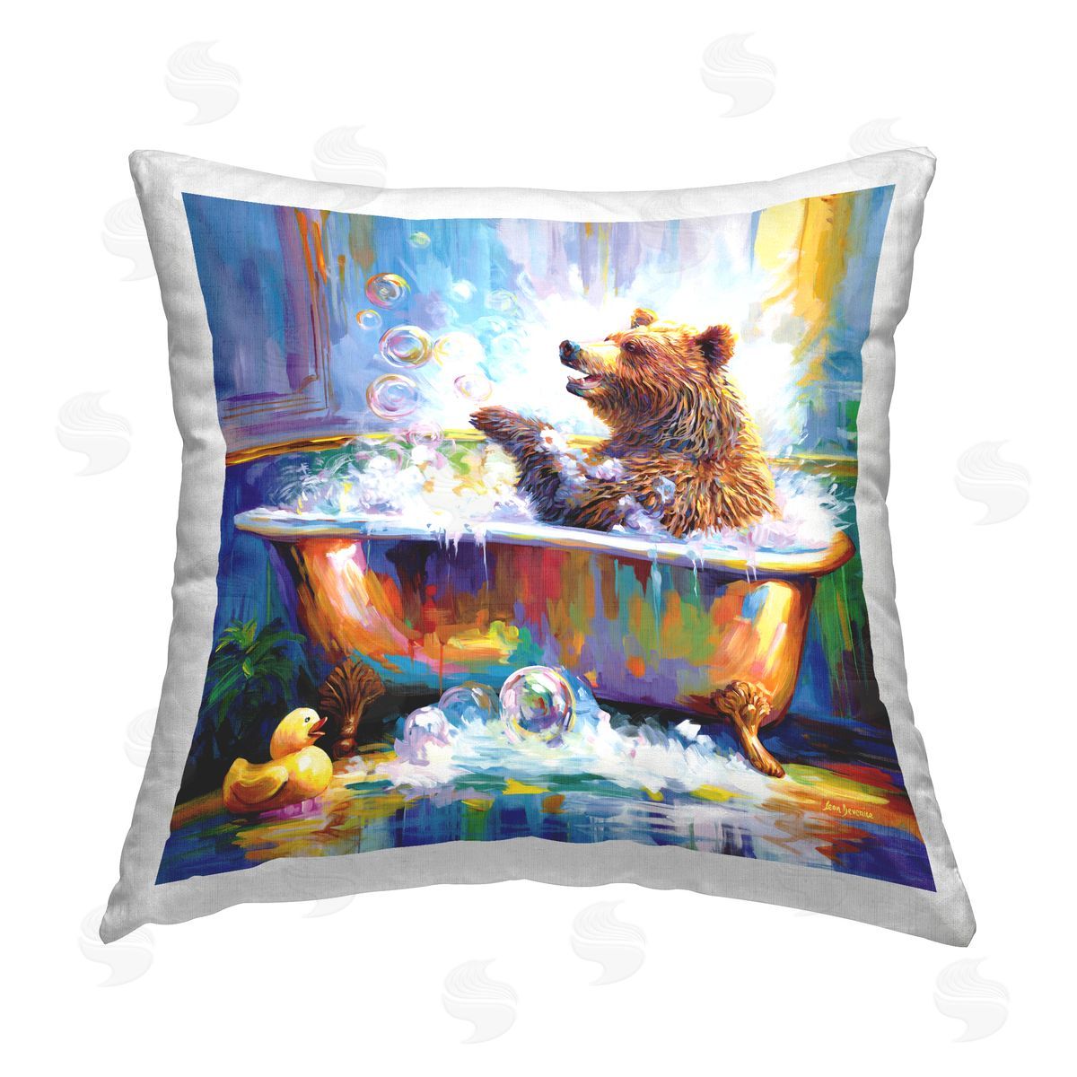 Leon Devenice Happy Bear in Bathtub Printed Plush Polyester Throw Pillow