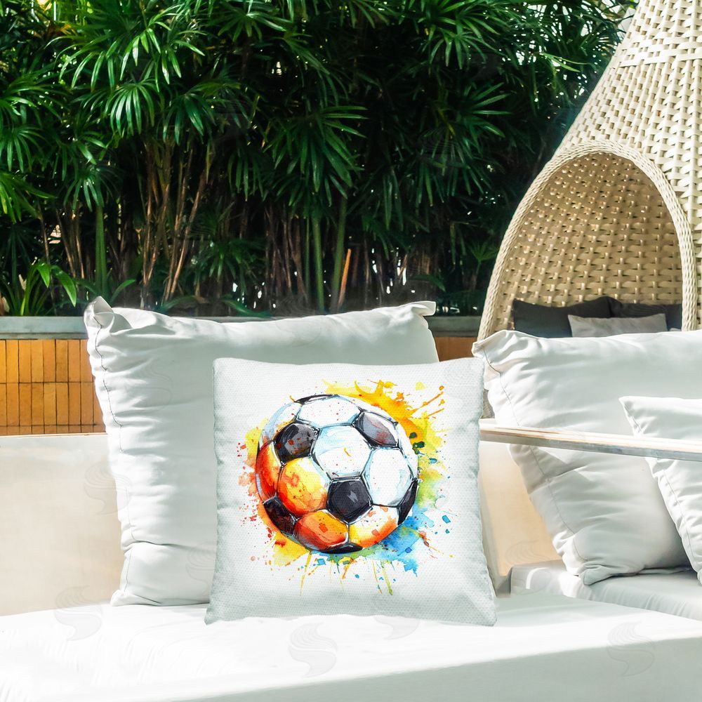 LSR Design Studio Soccer Ball Bright Splash Outdoor Quick-Dry Polyester Printed Throw Pillow in Back Yard