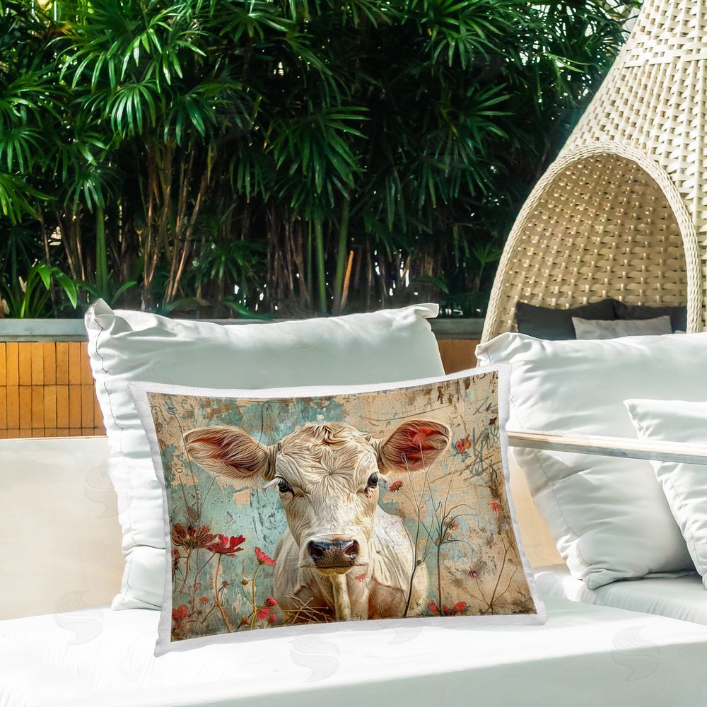 LSR Design Studio Spring Country Cow Outdoor Quick-Dry Polyester Printed Throw Pillow in Back Yard