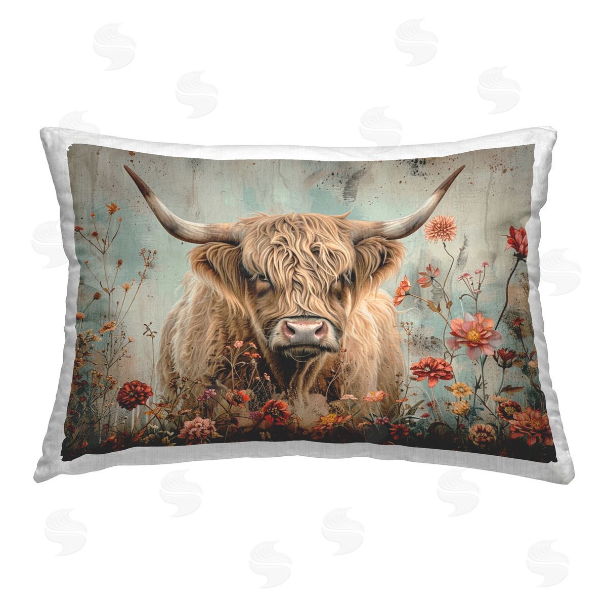 LSR Design Studio Spring Blooms Highland Cow Printed Plush Polyester Throw Pillow