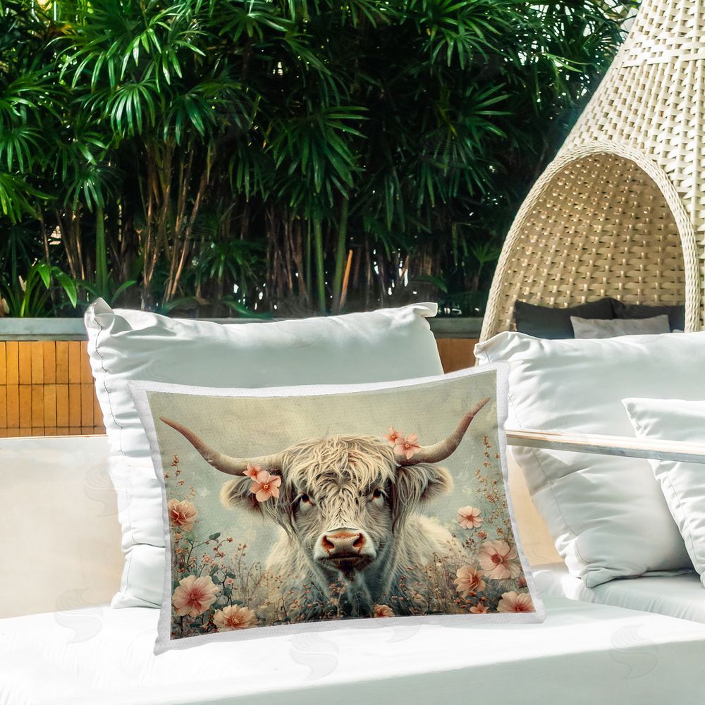 LSR Design Studio Cow with Cherry Blossoms Outdoor Quick-Dry Polyester Printed Throw Pillow in Back Yard