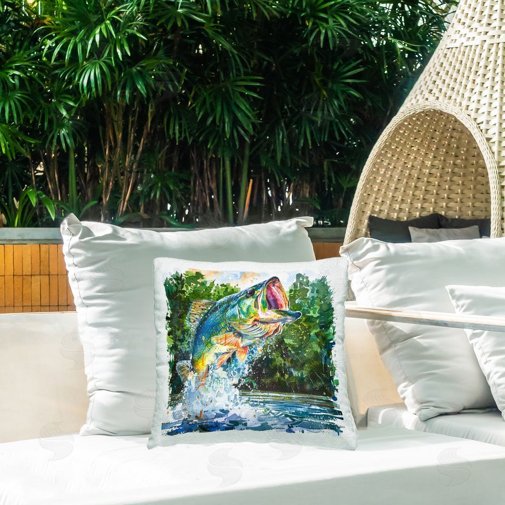 LSR Design Studio Splashing Bass Fish Outdoor Quick-Dry Polyester Printed Throw Pillow in Back Yard