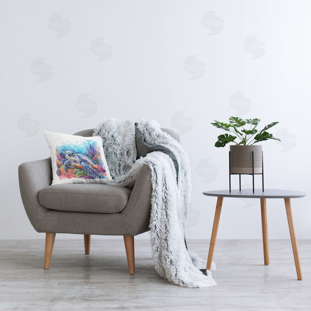 LSR Design Studio Undersea Turtle & Coral Printed Plush Polyester Throw Pillow On Chair