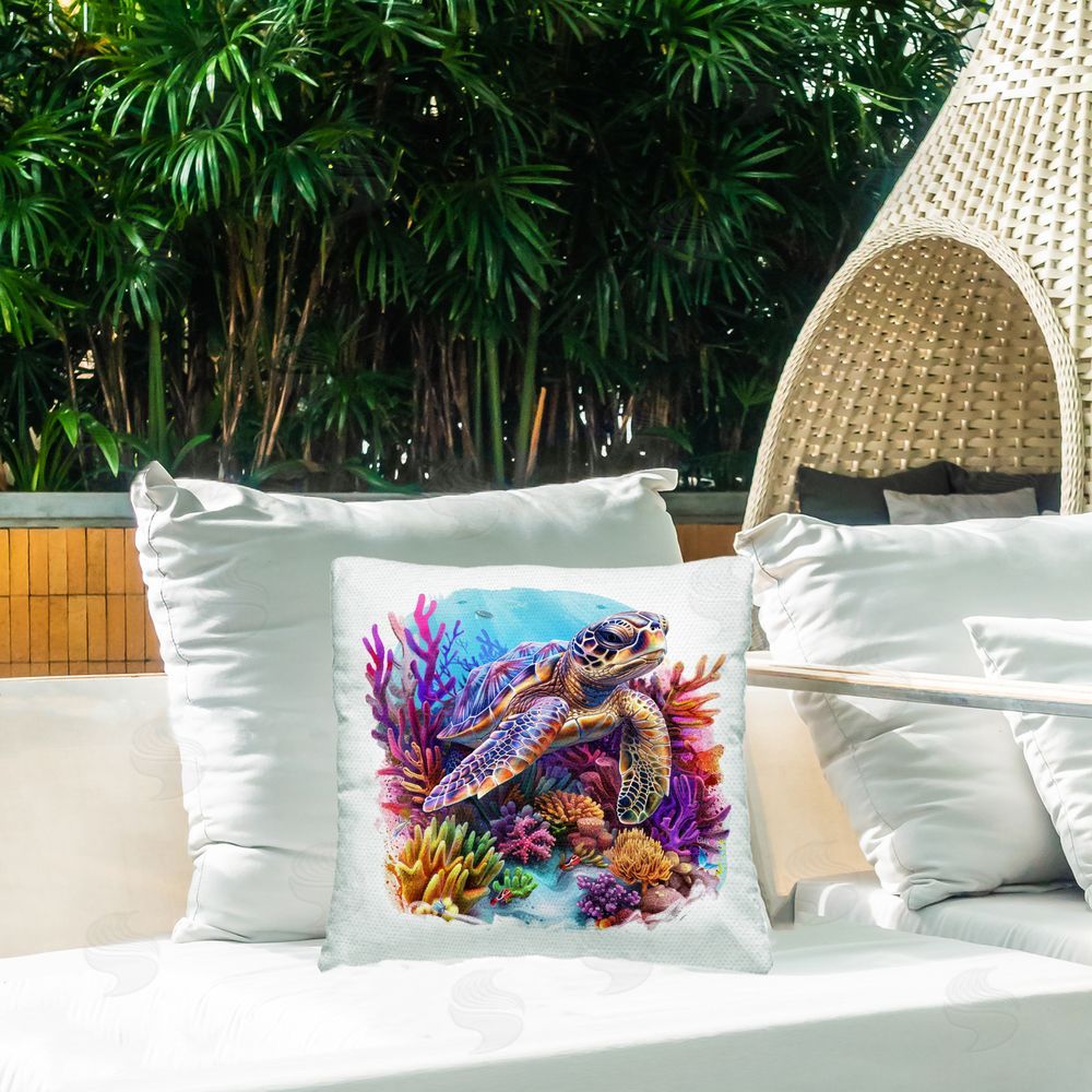 LSR Design Studio Turtle & Purple Coral Outdoor Quick-Dry Polyester Printed Throw Pillow in Back Yard