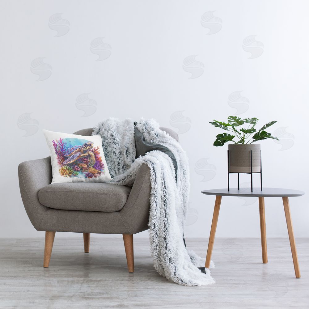 LSR Design Studio Turtle & Purple Coral Printed Plush Polyester Throw Pillow On Chair