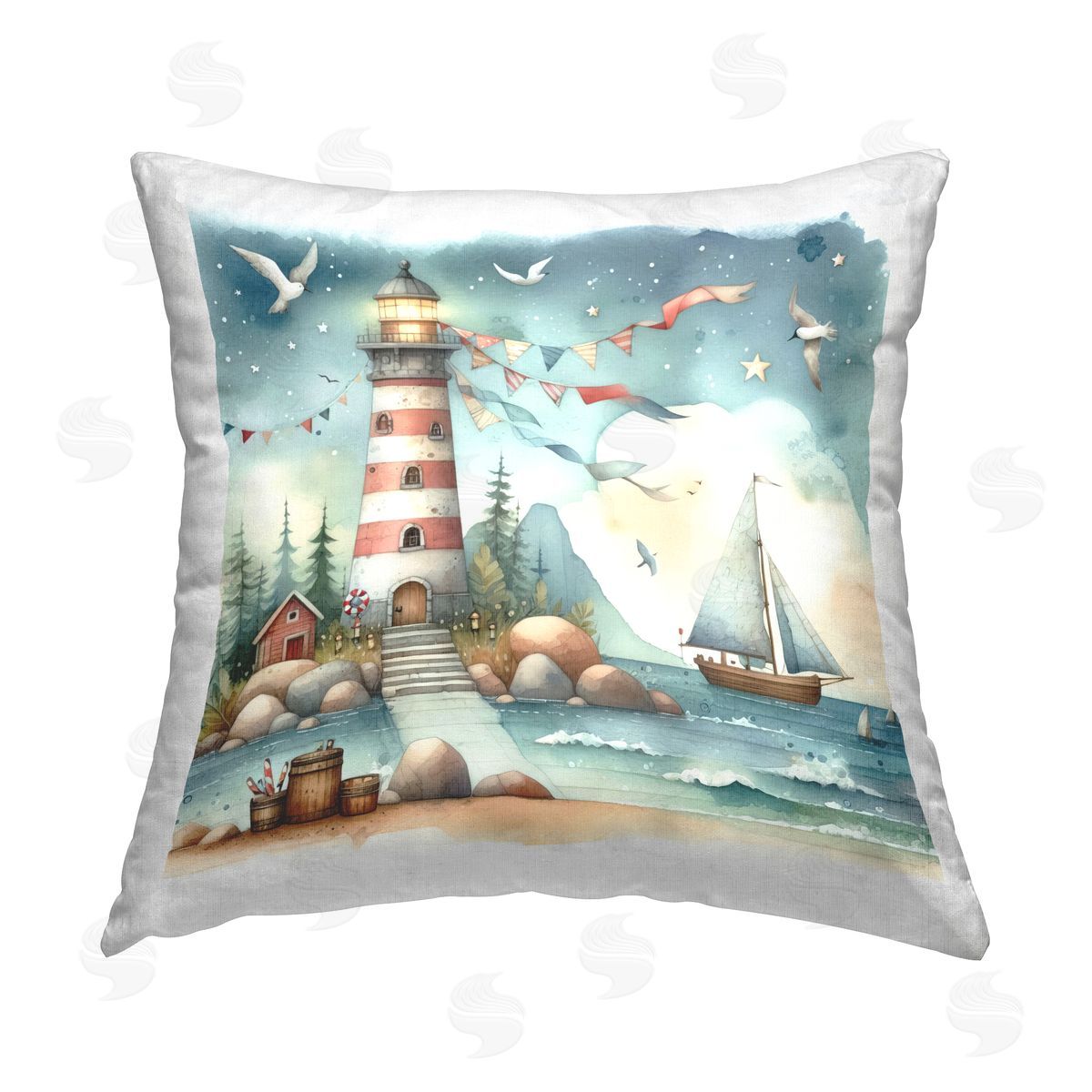 LSR Design Studio Whimsical Lighthouse & Birds Printed Plush Polyester Throw Pillow