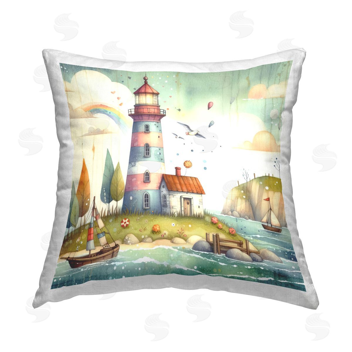 LSR Design Studio Lighthouse Cottage Scenery Printed Plush Polyester Throw Pillow