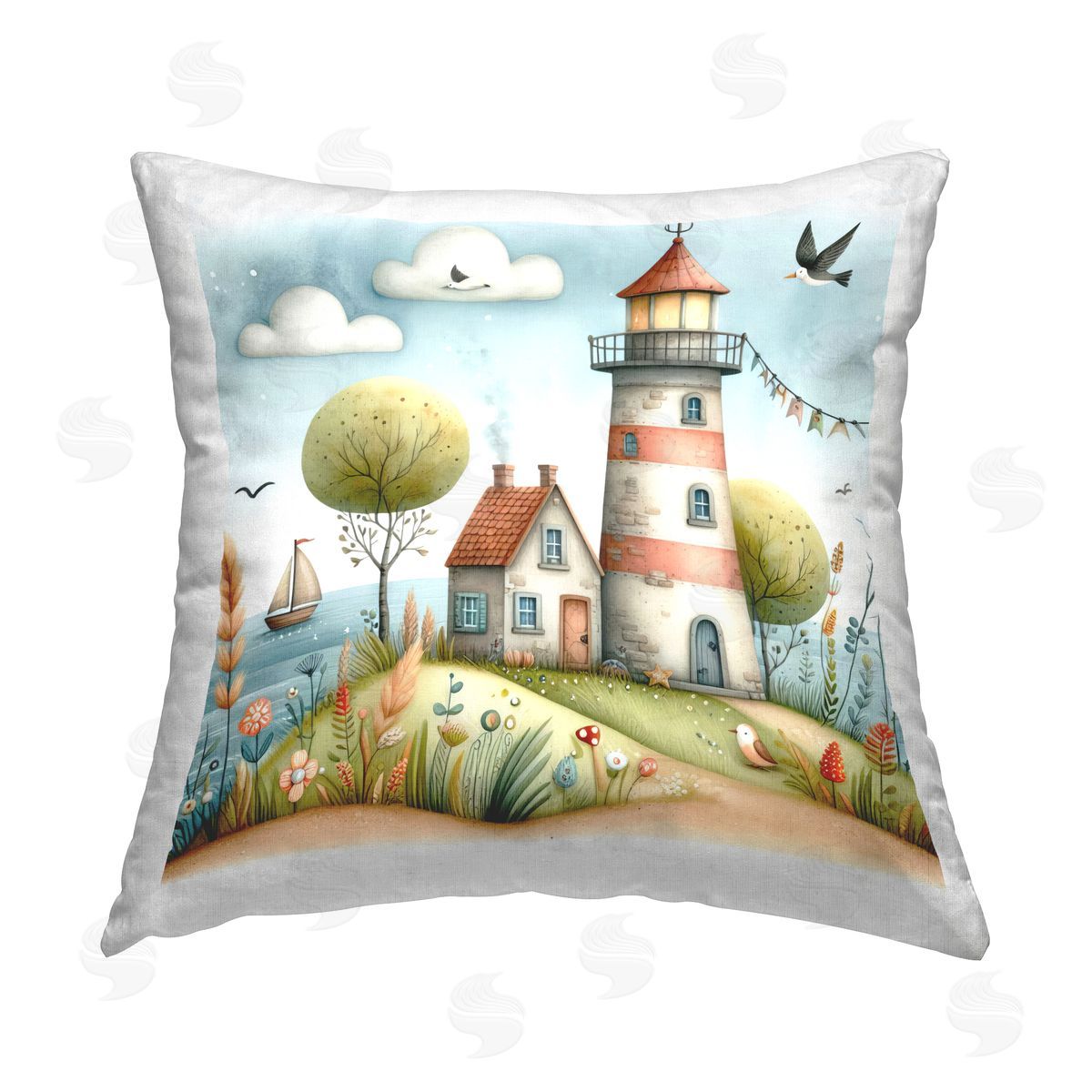 LSR Design Studio Nautical Lighthouse Whimsy Printed Plush Polyester Throw Pillow