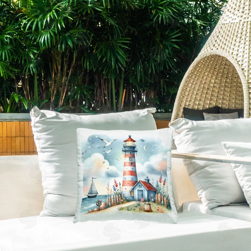 LSR Design Studio Fun Maritime Lighthouse Outdoor Quick-Dry Polyester Printed Throw Pillow in Back Yard