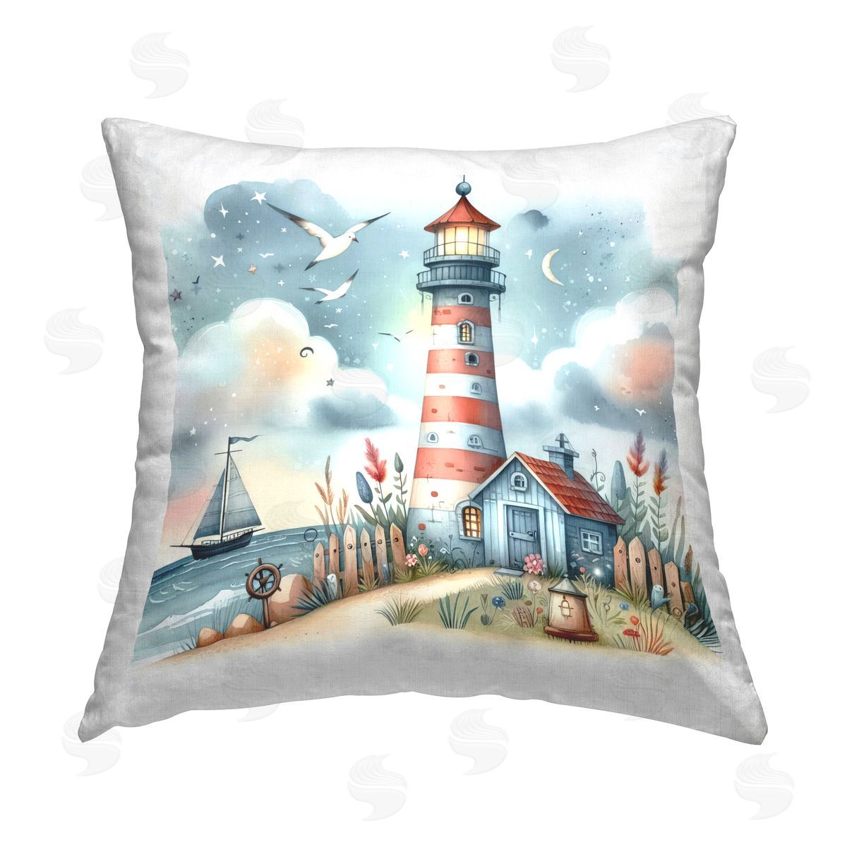 LSR Design Studio Fun Maritime Lighthouse Printed Plush Polyester Throw Pillow