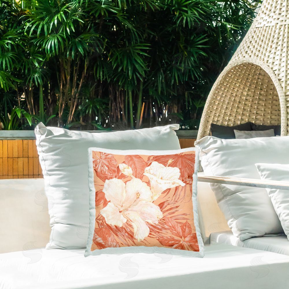 Paul Brent Hibiscus & Leaf Bunch Outdoor Quick-Dry Polyester Printed Throw Pillow in Back Yard