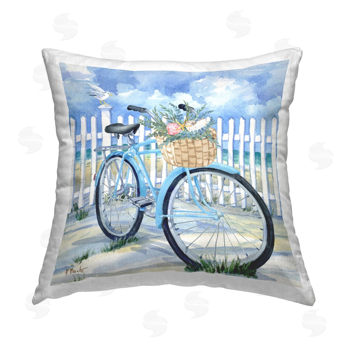 Paul Brent Floral Beach Bicycle Printed Plush Polyester Throw Pillow