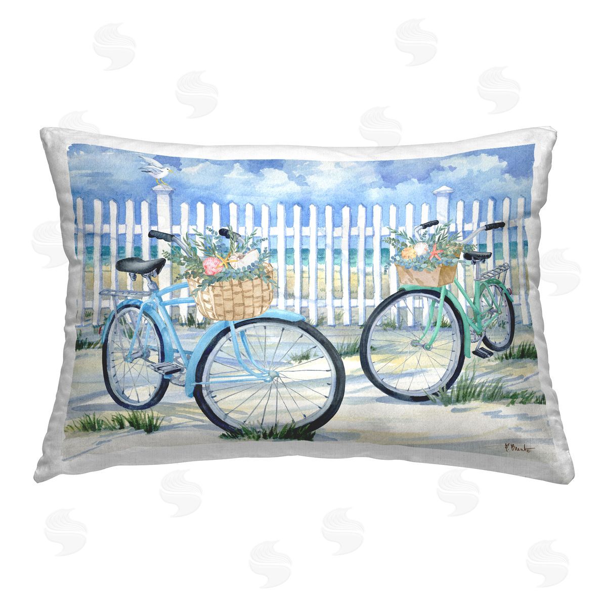 Paul Brent Bicycles at Beach Fence Printed Plush Polyester Throw Pillow