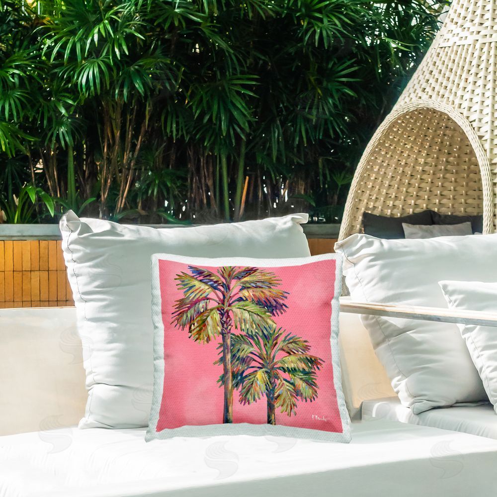 Paul Brent Bondi Palms on Pink Outdoor Quick-Dry Polyester Printed Throw Pillow in Back Yard