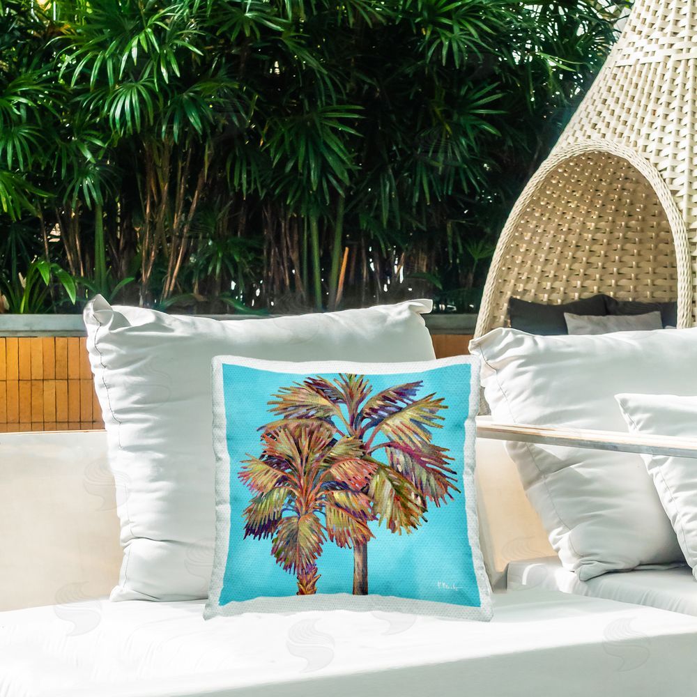 Paul Brent Bondi Palms on Blue Outdoor Quick-Dry Polyester Printed Throw Pillow in Back Yard