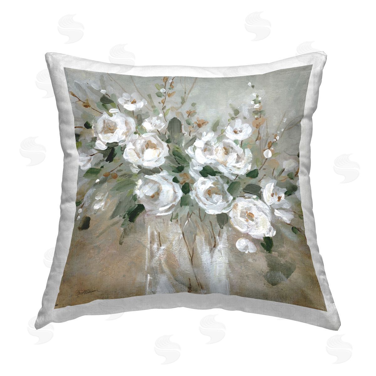 Carol Robinson White Rose Party Bouquet Printed Plush Polyester Throw Pillow