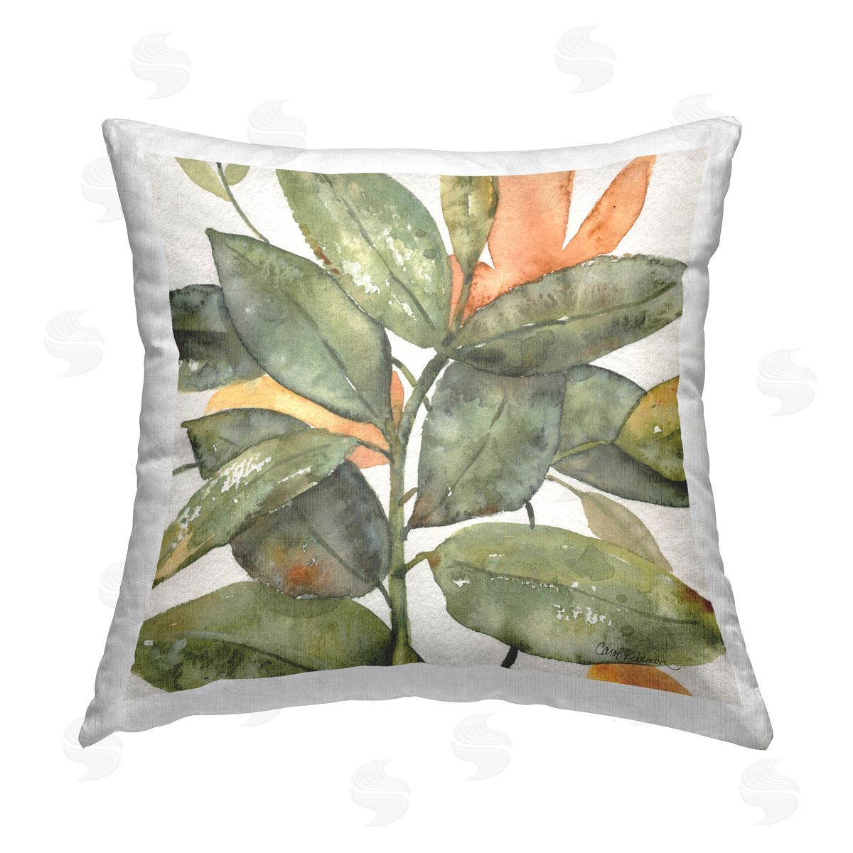 Carol Robinson Green & Orange Leaves Printed Plush Polyester Throw Pillow