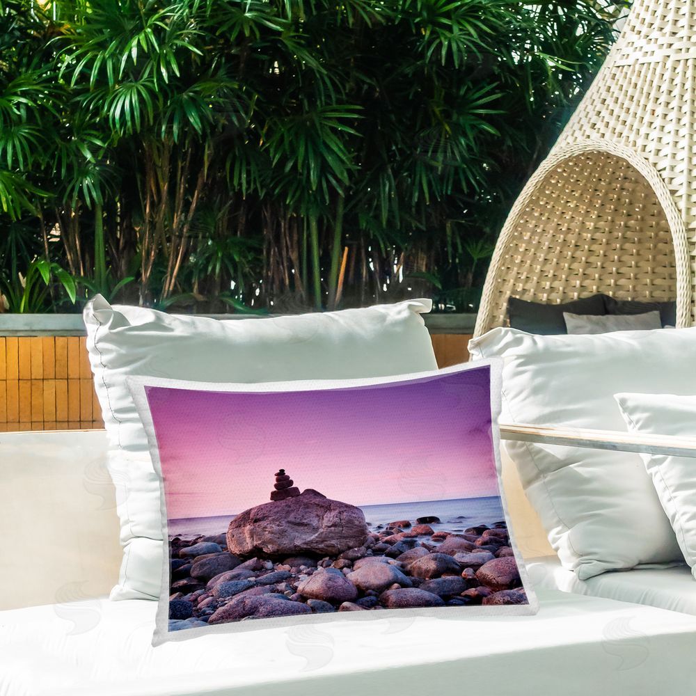 Incado Stacked Rocks on Shore Outdoor Quick-Dry Polyester Printed Throw Pillow in Back Yard