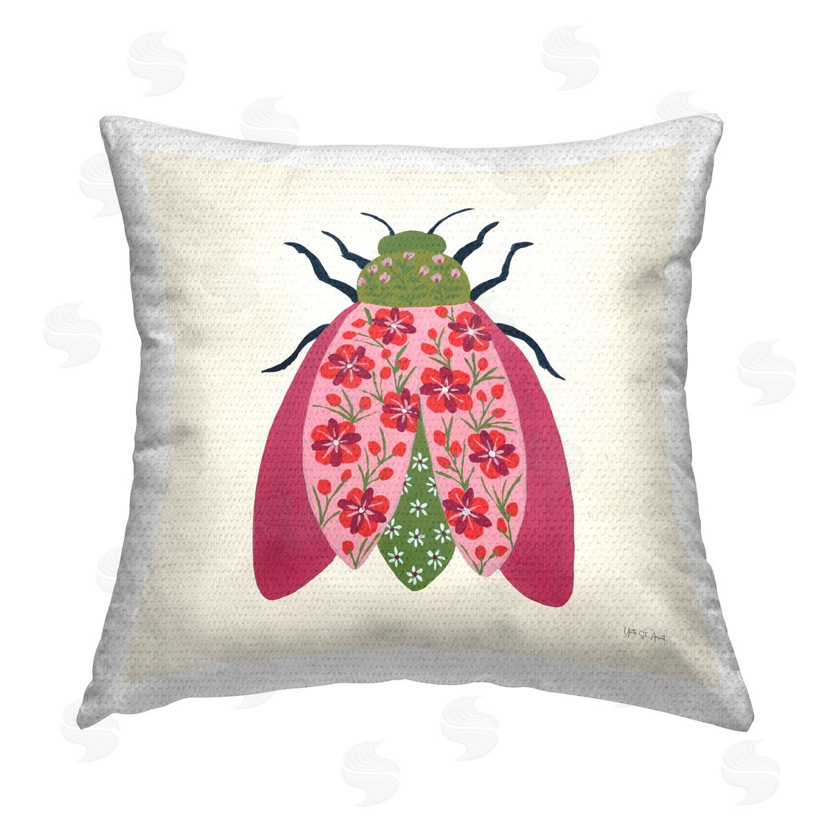 Yvette St. Amant Pink & Green Blooming Beetle Outdoor Quick-Dry Polyester Printed Throw Pillow