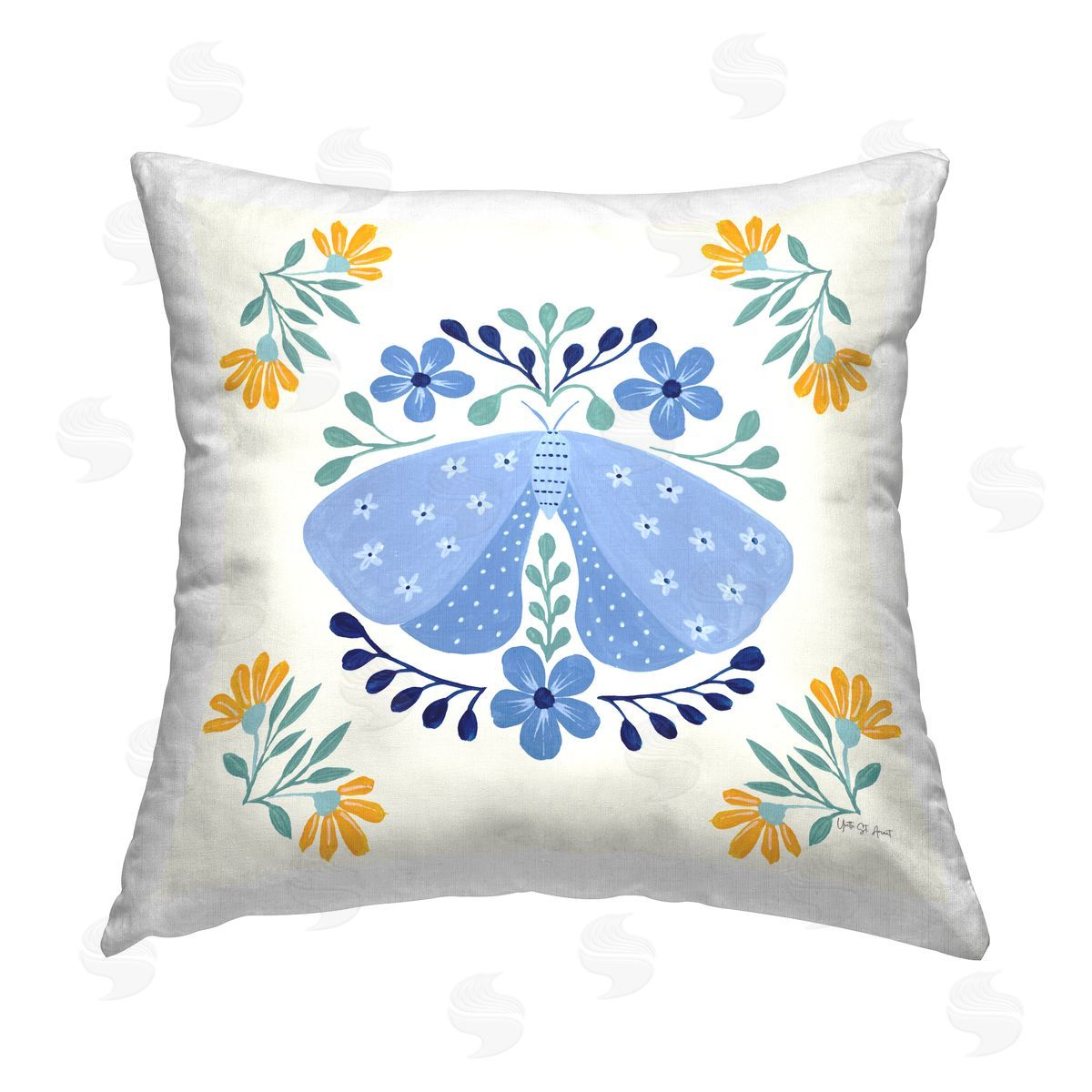 Yvette St. Amant Blue Folk Butterfly Printed Plush Polyester Throw Pillow