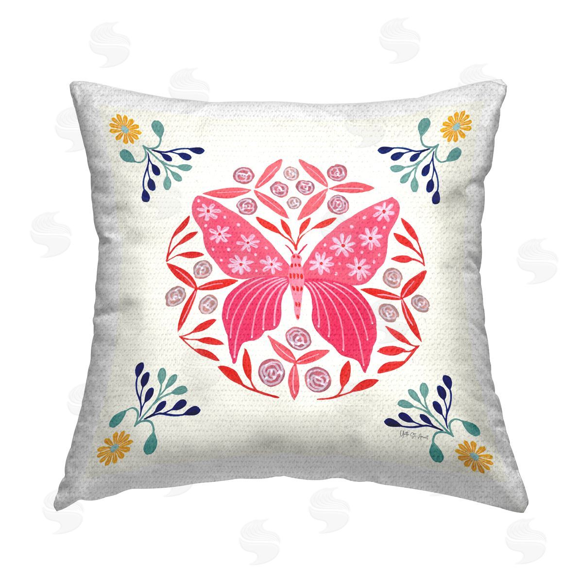 Yvette St. Amant Pink Folk Butterfly Outdoor Quick-Dry Polyester Printed Throw Pillow