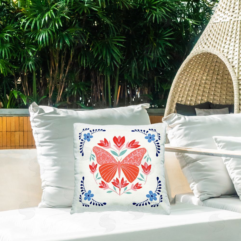 Yvette St. Amant Orange Folk Butterfly Outdoor Quick-Dry Polyester Printed Throw Pillow in Back Yard