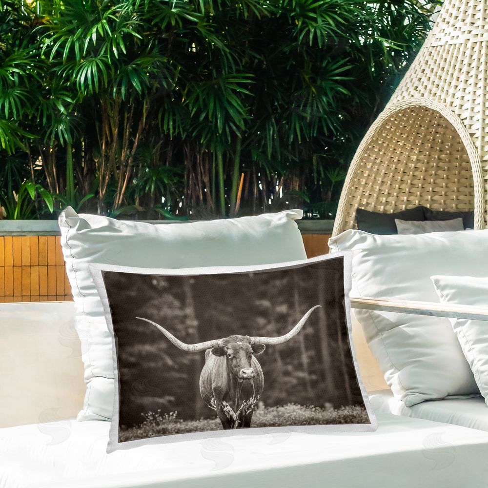 Nathan Larson Longhorn Among Flowers Outdoor Quick-Dry Polyester Printed Throw Pillow in Back Yard