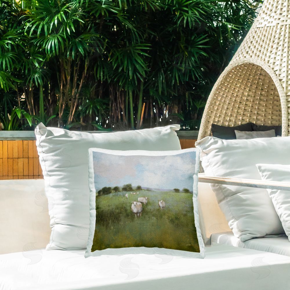 Julia Purinton Quiet Pasture with Sheep Outdoor Quick-Dry Polyester Printed Throw Pillow in Back Yard