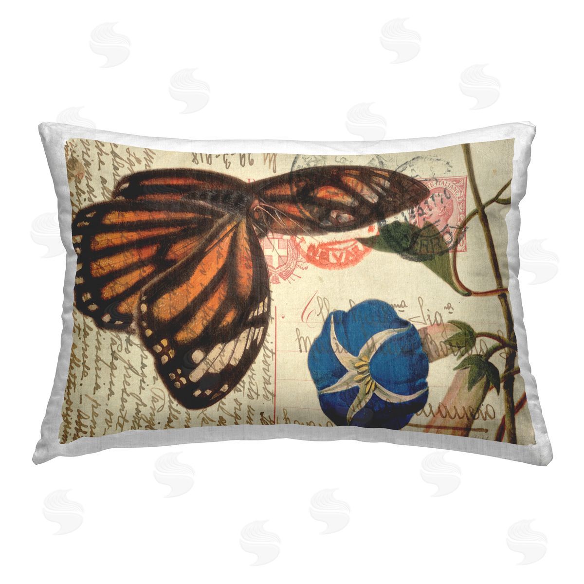 Deborah Revell Vintage Postcard & Fauna Printed Plush Polyester Throw Pillow