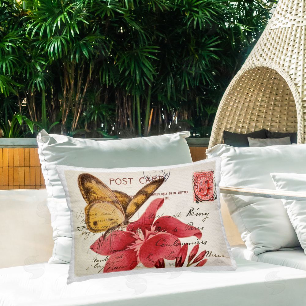 Deborah Revell Antique Postcad & Butterfly Outdoor Quick-Dry Polyester Printed Throw Pillow in Back Yard