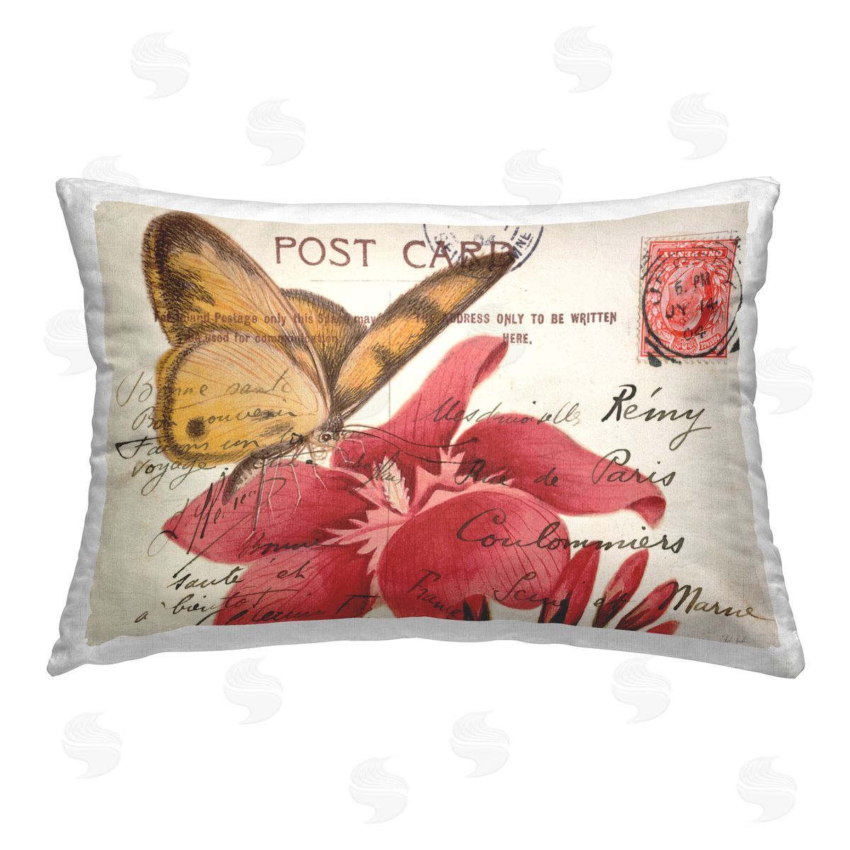 Deborah Revell Antique Postcad & Butterfly Printed Plush Polyester Throw Pillow