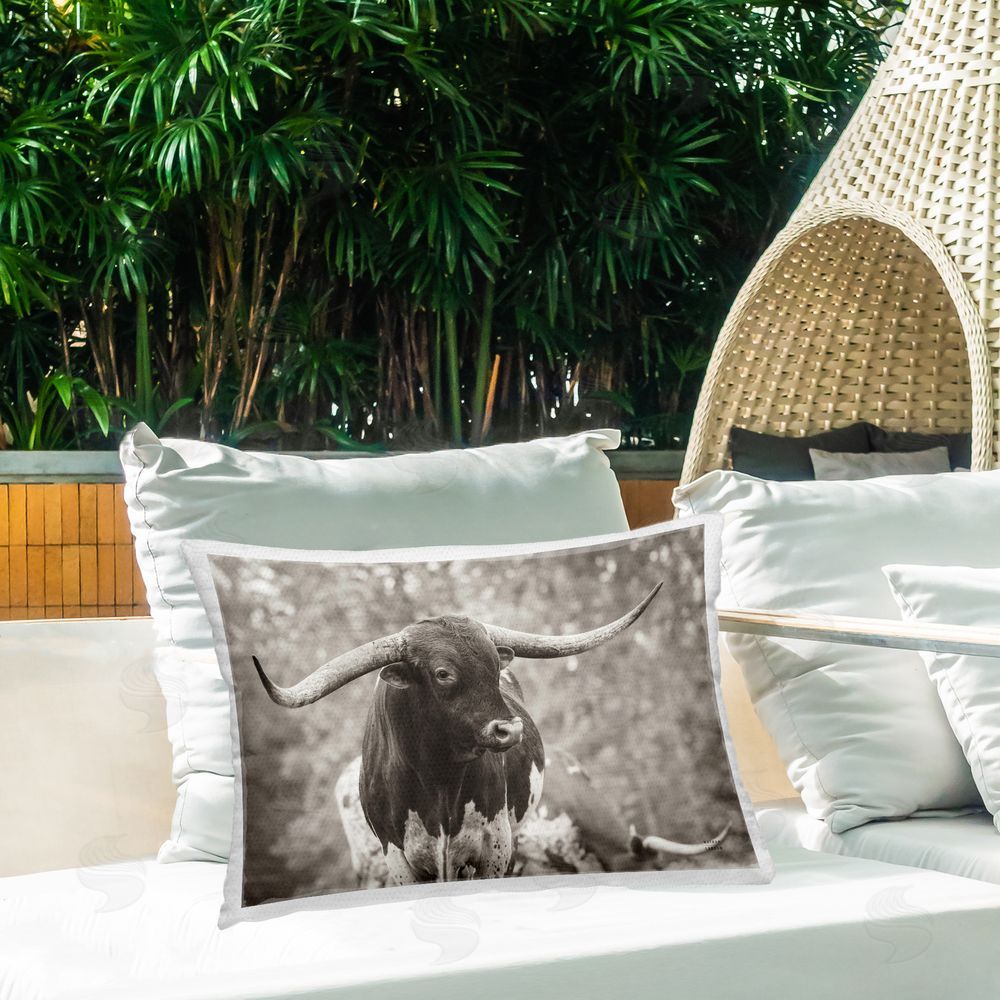 Nathan Larson Longhorn's Gaze Photography Outdoor Quick-Dry Polyester Printed Throw Pillow in Back Yard