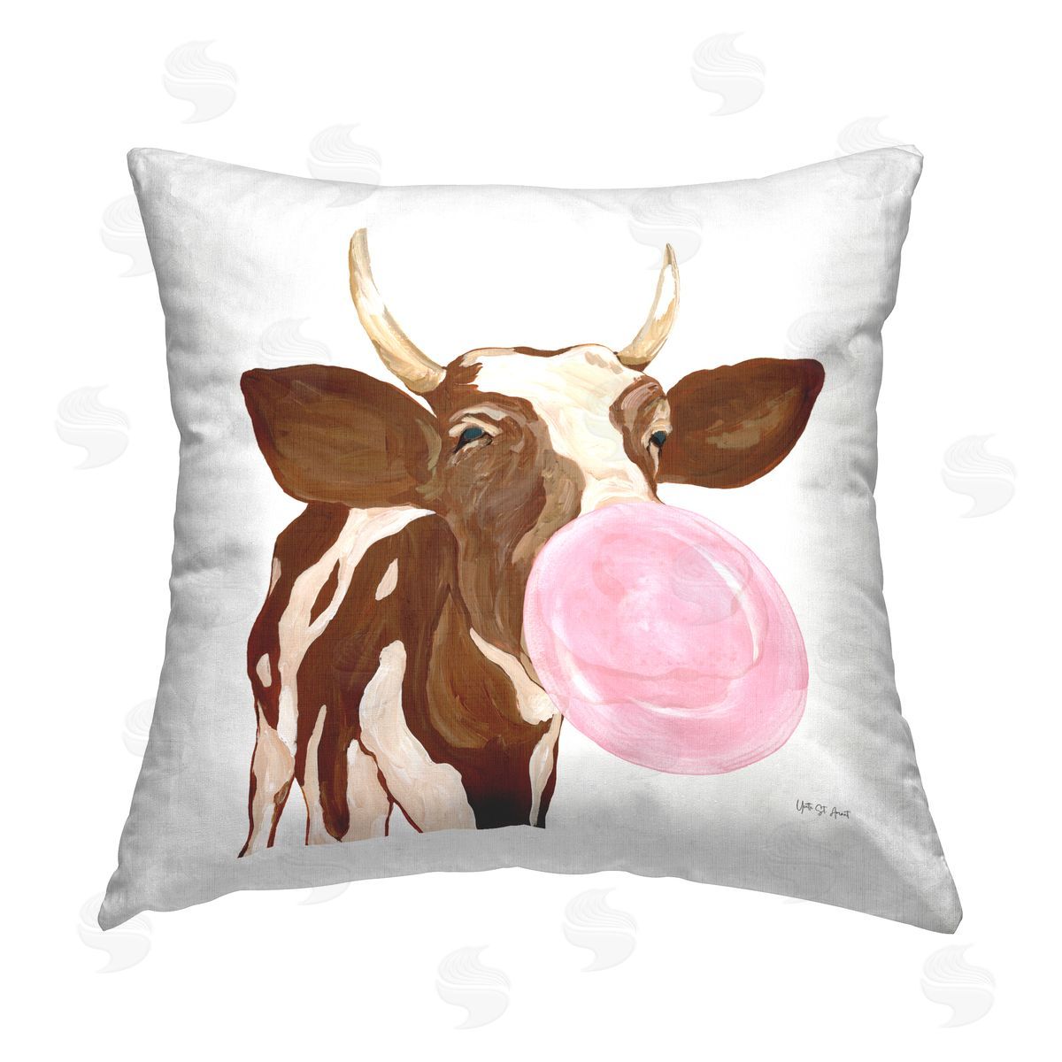 Happy Bubblegum Cow Decorative Printed Pillow, Home Decor by Yvette St. Amant