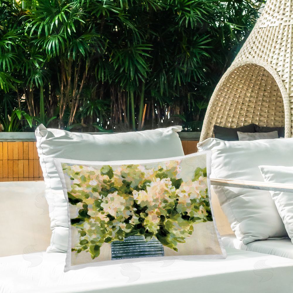 Katrina Pete Dotted Hydrangeas Vase Outdoor Quick-Dry Polyester Printed Throw Pillow in Back Yard