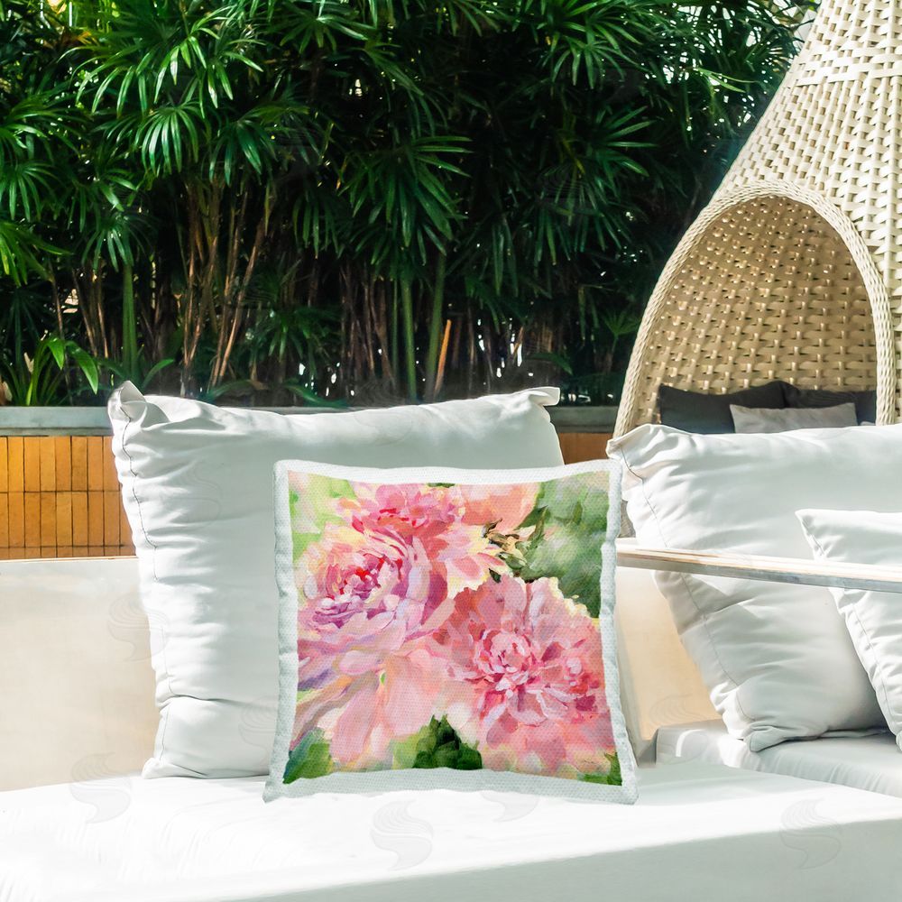 Katrina Pete Flared Peony Petals Outdoor Quick-Dry Polyester Printed Throw Pillow in Back Yard